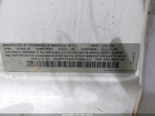 2007 Volkswagen Jetta 2.5 მანქანა იყიდება აუქციონზე, vin: 3VWPF71K97M068212, აუქციონის ნომერი: 45190925