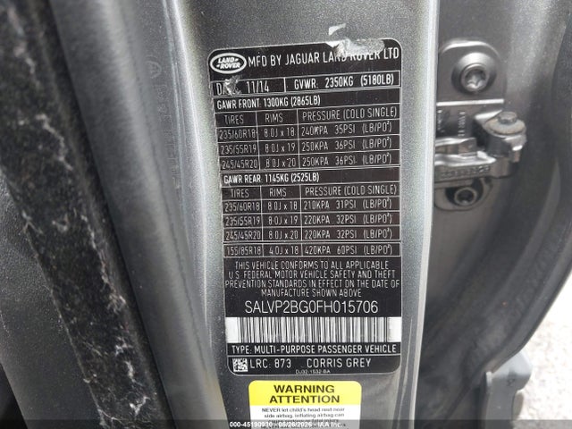 Продажа на аукционе авто 2015 Land Rover Range Rover Evoque Pure, vin: SALVP2BG0FH015706, номер лота: 45190930