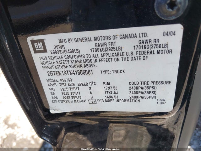 Продаж на аукціоні авто 2004 Gmc Sierra 1500 Sle, vin: 2GTEK19TX41366061, номер лоту: 45190931