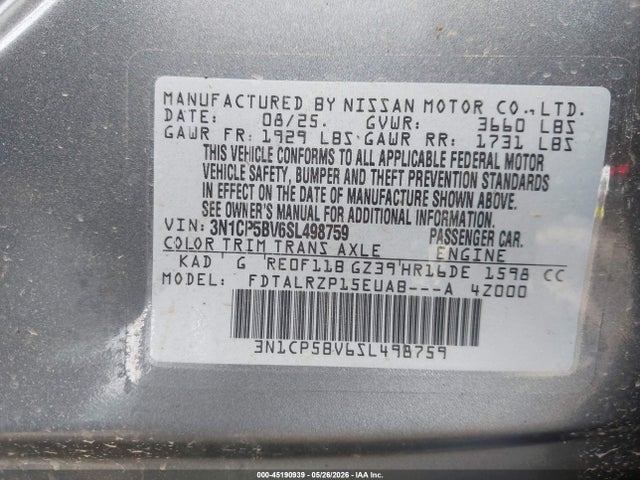 Aukcja sprzedaży 2025 Nissan Kicks Play S, vin: 3N1CP5BV6SL498759, numer aukcji: 45190939