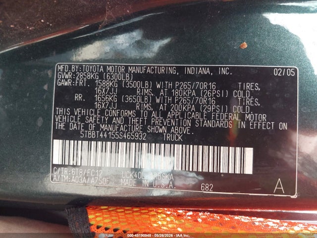 45190948 :رقم المزاد ، 5TBBT44155S465932 vin ، 2005 Toyota Tundra Sr5 V8 مزاد بيع