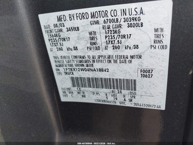 2004 Ford F-150 Stx/xl/xlt მანქანა იყიდება აუქციონზე, vin: 1FTRX12W04NA18842, აუქციონის ნომერი: 45190949