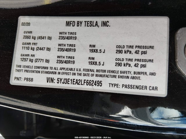 45190968 :رقم المزاد ، 5YJ3E1EA2LF662495 vin ، 2020 Tesla Model 3 Standard Range Plus Rear-wheel Drive/standard Range Rear-wheel Drive مزاد بيع