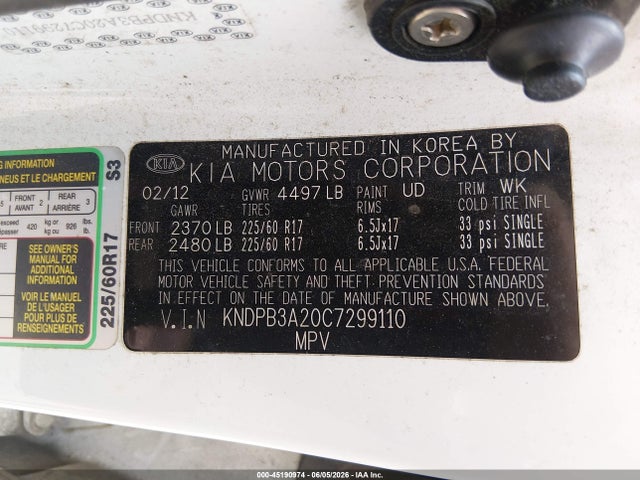 Aukcja sprzedaży 2012 Kia Sportage Lx, vin: KNDPB3A20C7299110, numer aukcji: 45190974