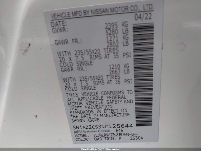 2022 Nissan Murano Sl Intelligent Awd მანქანა იყიდება აუქციონზე, vin: 5N1AZ2CS3NC125644, აუქციონის ნომერი: 45190989