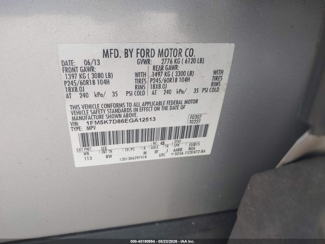 Aukcja sprzedaży 2014 Ford Explorer Xlt, vin: 1FM5K7D86EGA12513, numer aukcji: 45190994