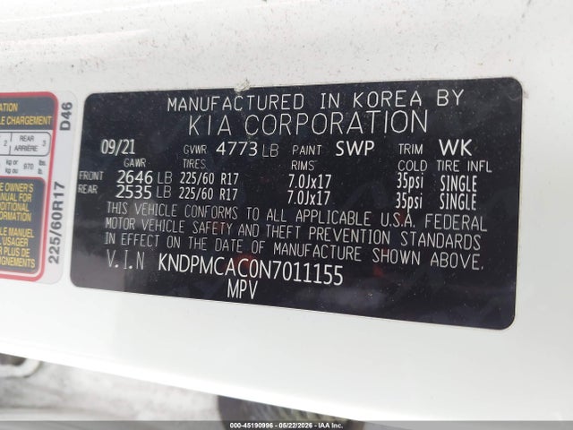 Продаж на аукціоні авто 2022 Kia Sportage Lx, vin: KNDPMCAC0N7011155, номер лоту: 45190996