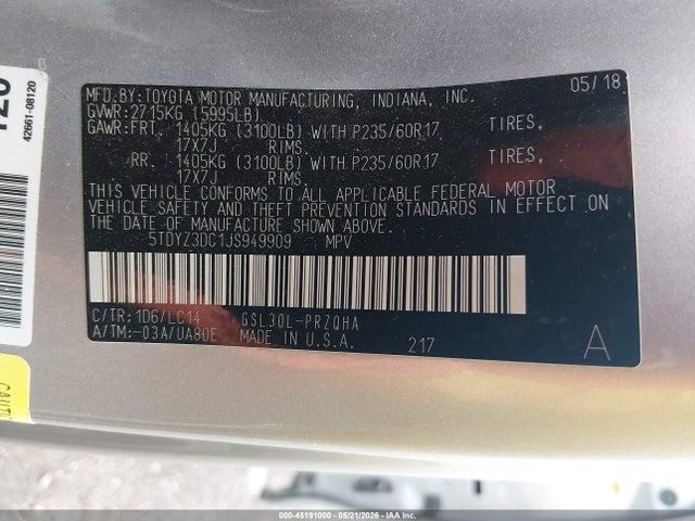 Aukcja sprzedaży 2018 Toyota Sienna Xle 8 Passenger, vin: 5TDYZ3DC1JS949909, numer aukcji: 45191000