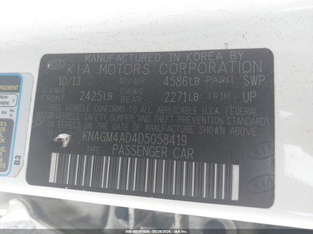Aukcja sprzedaży 2013 Kia Optima Hybrid Lx, vin: KNAGM4AD4D5058419, numer aukcji: 45191006