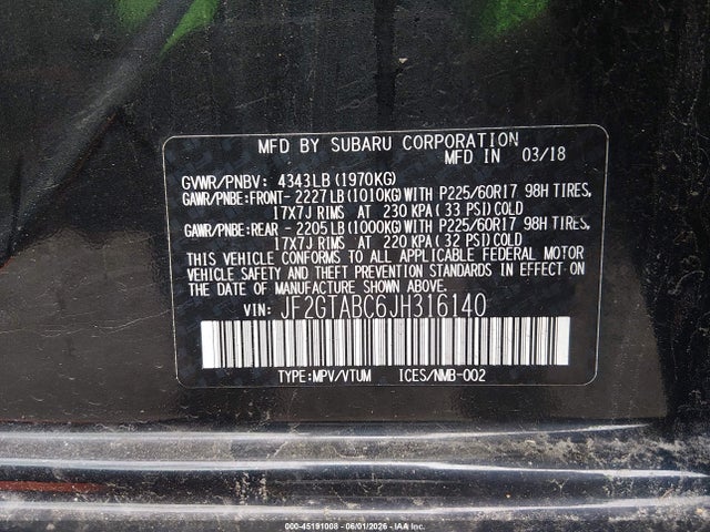 45191008 :رقم المزاد ، JF2GTABC6JH316140 vin ، 2018 Subaru Crosstrek 2.0i Premium مزاد بيع