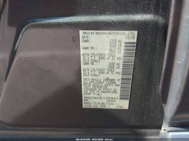 2018 Nissan Murano Platinum მანქანა იყიდება აუქციონზე, vin: 5N1AZ2MG6JN120947, აუქციონის ნომერი: 45191009