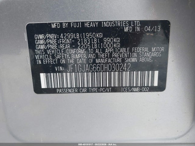 Aukcja sprzedaży 2013 Subaru Impreza 2.0i Limited, vin: JF1GJAG66DH030242, numer aukcji: 45191017