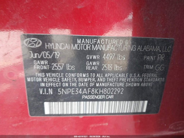 Продаж на аукціоні авто 2019 Hyundai Sonata Limited, vin: 5NPE34AF8KH802292, номер лоту: 45191021
