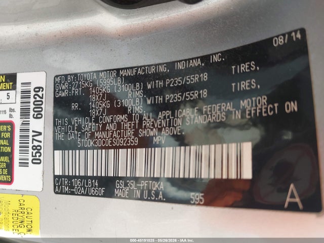 Продажа на аукционе авто 2014 Toyota Sienna Xle 7 Passenger, vin: 5TDDK3DC0ES092359, номер лота: 45191025