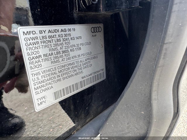 45191027 :رقم المزاد ، WA1LAAF72KD047783 vin ، 2019 Audi Q7 55 Premium مزاد بيع