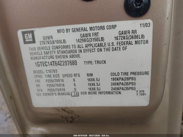 45191029 :رقم المزاد ، 1GTEC14T64Z207680 vin ، 2004 Gmc Sierra 1500 Sle مزاد بيع