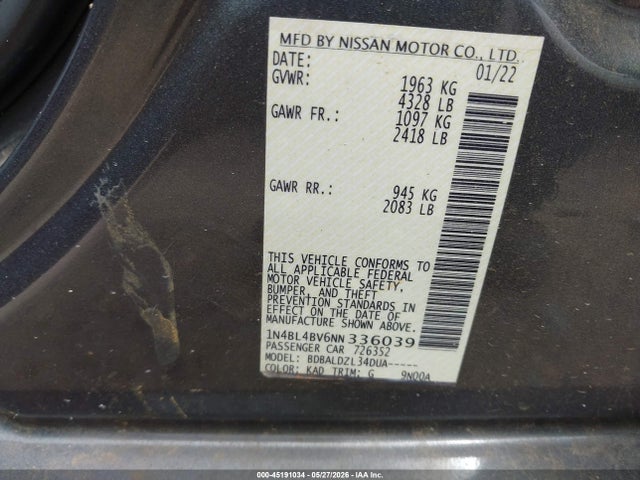 Продаж на аукціоні авто 2022 Nissan Altima S Fwd, vin: 1N4BL4BV6NN336039, номер лоту: 45191034