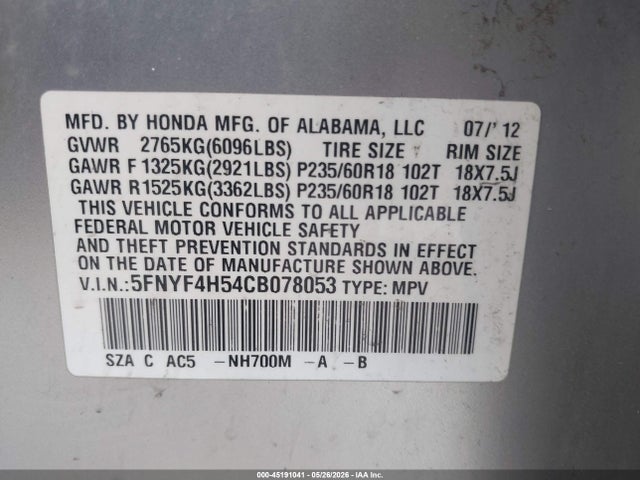 Aukcja sprzedaży 2012 Honda Pilot Ex-l, vin: 5FNYF4H54CB078053, numer aukcji: 45191041