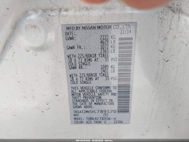 Aukcja sprzedaży 2015 Nissan Rogue Sl, vin: 5N1AT2MV5FC789570, numer aukcji: 45191044