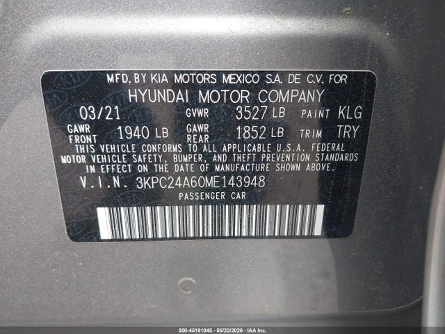 Aukcja sprzedaży 2021 Hyundai Accent Se, vin: 3KPC24A60ME143948, numer aukcji: 45191045