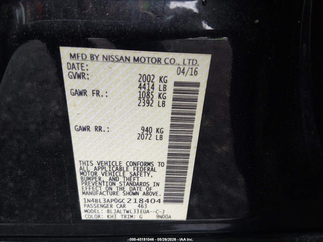 Aukcja sprzedaży 2016 Nissan Altima 3.5 Sl, vin: 1N4BL3AP0GC218404, numer aukcji: 45191046