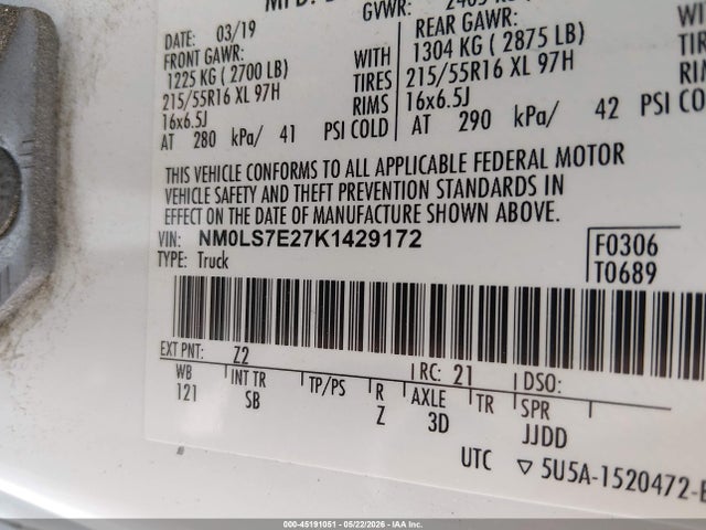 45191051 :رقم المزاد ، NM0LS7E27K1429172 vin ، 2019 Ford Transit Connect Xl مزاد بيع