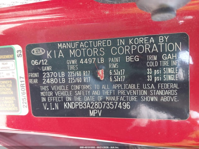 2013 Kia Sportage Lx მანქანა იყიდება აუქციონზე, vin: KNDPB3A28D7357496, აუქციონის ნომერი: 45191055