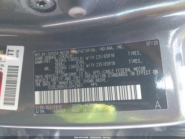 2020 Toyota Highlander L მანქანა იყიდება აუქციონზე, vin: 5TDCZRBH2LS042861, აუქციონის ნომერი: 45191059