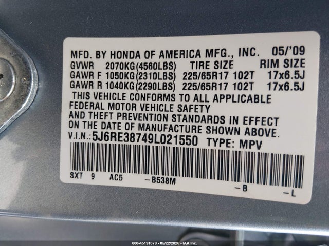 Продаж на аукціоні авто 2009 Honda Cr-v Ex-l, vin: 5J6RE38749L021550, номер лоту: 45191070