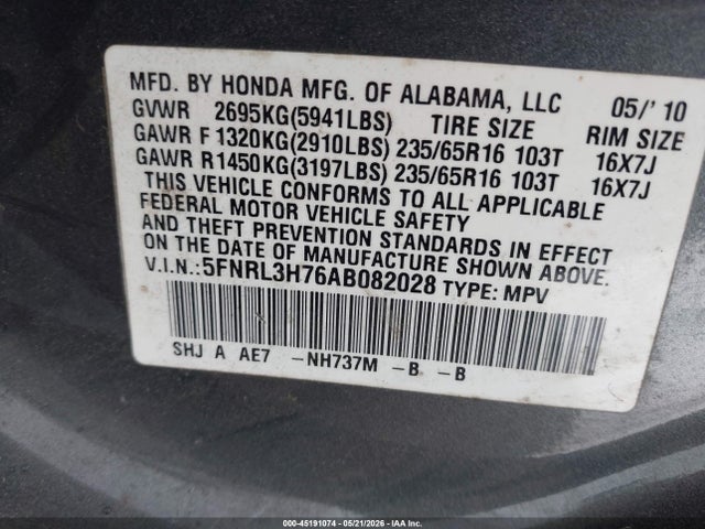 45191074 :رقم المزاد ، 5FNRL3H76AB082028 vin ، 2010 Honda Odyssey Ex-l مزاد بيع
