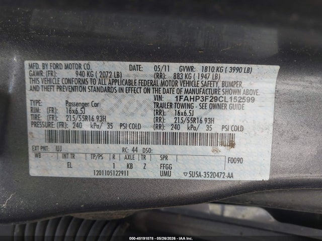 45191078 :رقم المزاد ، 1FAHP3F29CL152599 vin ، 2012 Ford Focus Se مزاد بيع