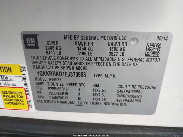 2014 Gmc Acadia Slt-1 მანქანა იყიდება აუქციონზე, vin: 1GKKRRKD1EJ370883, აუქციონის ნომერი: 45191086
