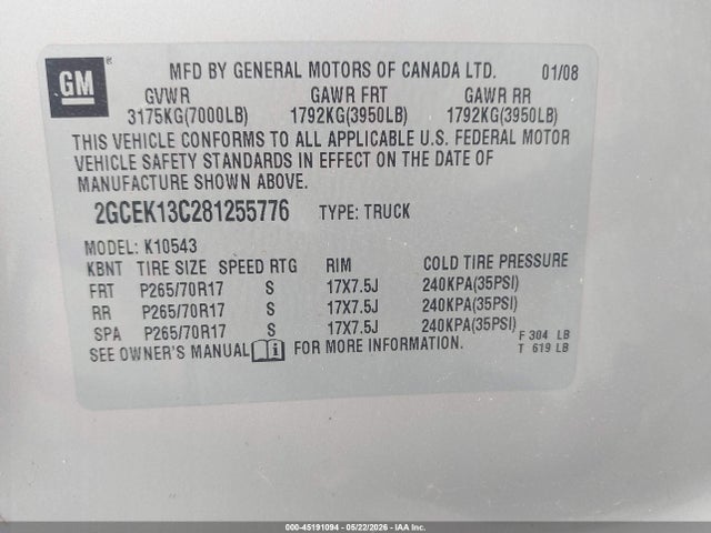 45191094 :رقم المزاد ، 2GCEK13C281255776 vin ، 2008 Chevrolet Silverado 1500 Ls مزاد بيع