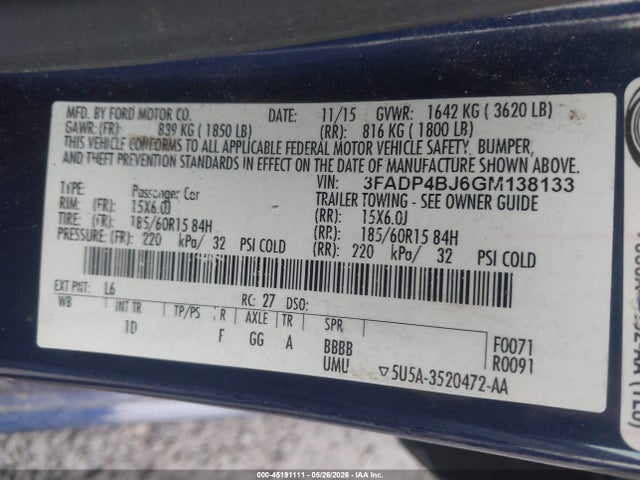 Aukcja sprzedaży 2016 Ford Fiesta Se, vin: 3FADP4BJ6GM138133, numer aukcji: 45191111