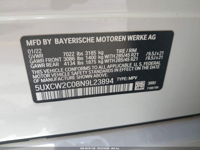 Продажа на аукционе авто 2022 Bmw X7 Xdrive40i, vin: 5UXCW2C08N9L23894, номер лота: 45191126