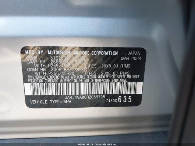 Продажа на аукционе авто 2024 Mitsubishi Outlander, vin: JA4J4VA86RZ059728, номер лота: 45191128