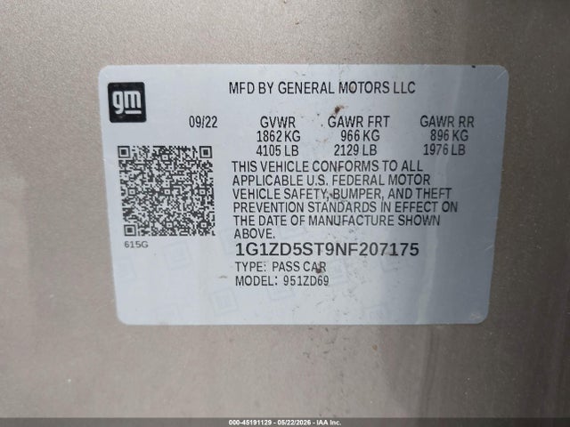 Продажа на аукционе авто 2022 Chevrolet Malibu Fwd Lt, vin: 1G1ZD5ST9NF207175, номер лота: 45191129
