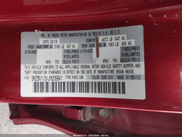 Aukcja sprzedaży 2018 Mazda Mazda3 Touring, vin: 3MZBN1V3XJM209941, numer aukcji: 45191131