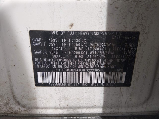 45191146 :رقم المزاد ، 4S4BSAJC8F3222385 vin ، 2015 Subaru Outback 2.5i Limited مزاد بيع