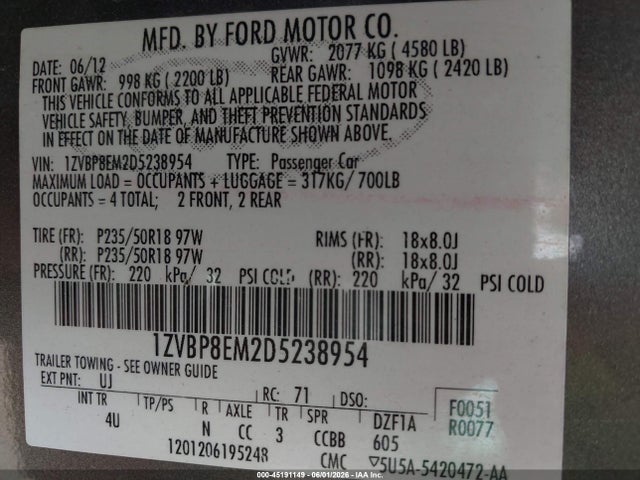 Продажа на аукционе авто 2013 Ford Mustang V6 Premium, vin: 1ZVBP8EM2D5238954, номер лота: 45191149