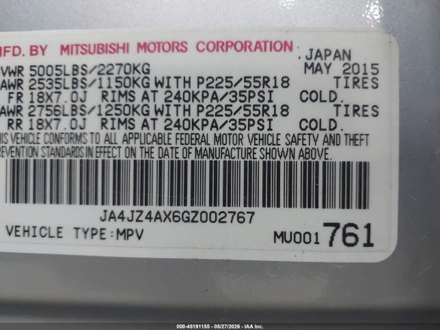 45191155 :رقم المزاد ، JA4JZ4AX6GZ002767 vin ، 2016 Mitsubishi Outlander Gt مزاد بيع