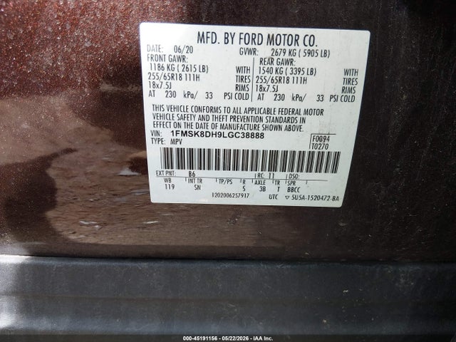 Aukcja sprzedaży 2020 Ford Explorer Xlt, vin: 1FMSK8DH9LGC38888, numer aukcji: 45191156