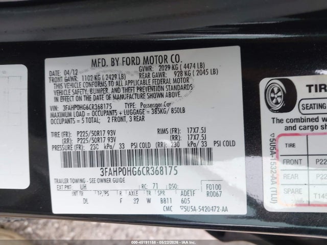 Продаж на аукціоні авто 2012 Ford Fusion Se, vin: 3FAHP0HG6CR368175, номер лоту: 45191158
