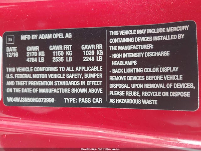 Aukcja sprzedaży 2017 Buick Cascada Sport Touring, vin: W04WJ3N50HG072990, numer aukcji: 45191169