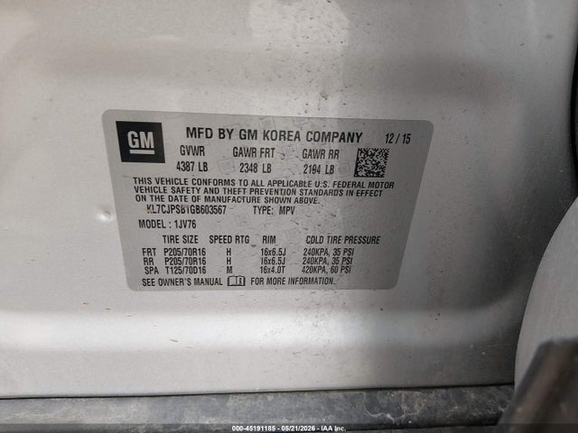 Продаж на аукціоні авто 2016 Chevrolet Trax Lt, vin: KL7CJPSB1GB603567, номер лоту: 45191185