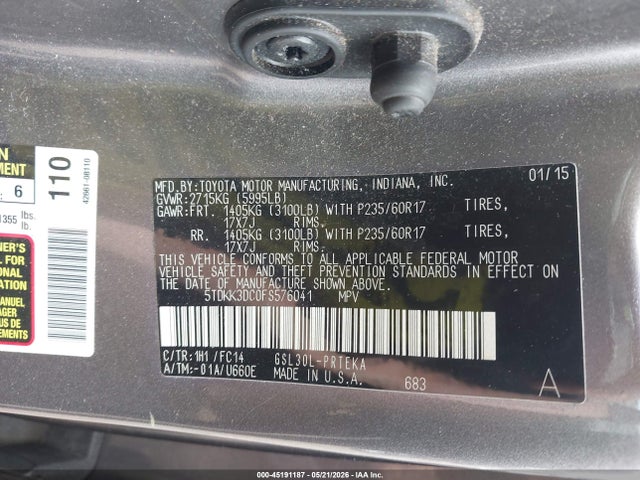 Продажа на аукционе авто 2015 Toyota Sienna Le 8 Passenger, vin: 5TDKK3DC0FS576041, номер лота: 45191187