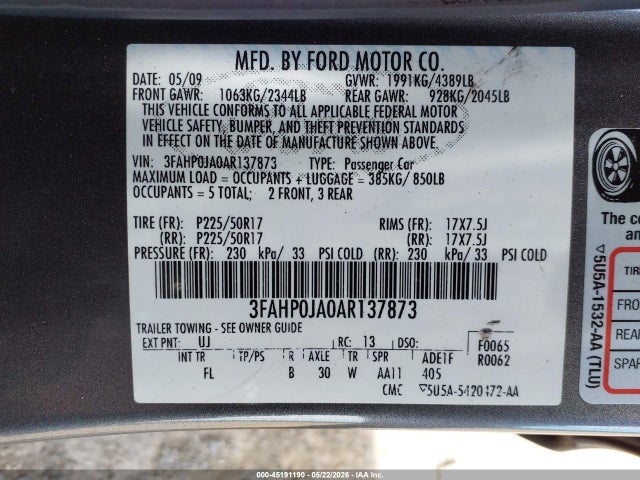 Aukcja sprzedaży 2010 Ford Fusion Sel, vin: 3FAHP0JA0AR137873, numer aukcji: 45191190