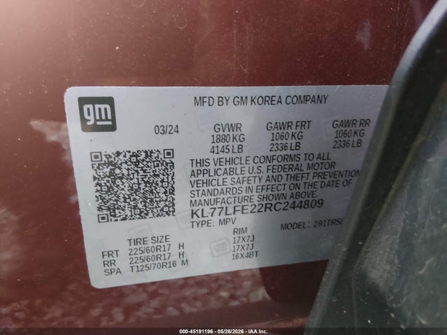 Aukcja sprzedaży 2024 Chevrolet Trax Fwd Sp, vin: KL77LFE22RC244809, numer aukcji: 45191196