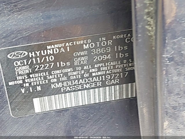 2010 Hyundai Elantra Gls მანქანა იყიდება აუქციონზე, vin: KMHDU4AD3AU197217, აუქციონის ნომერი: 45191197