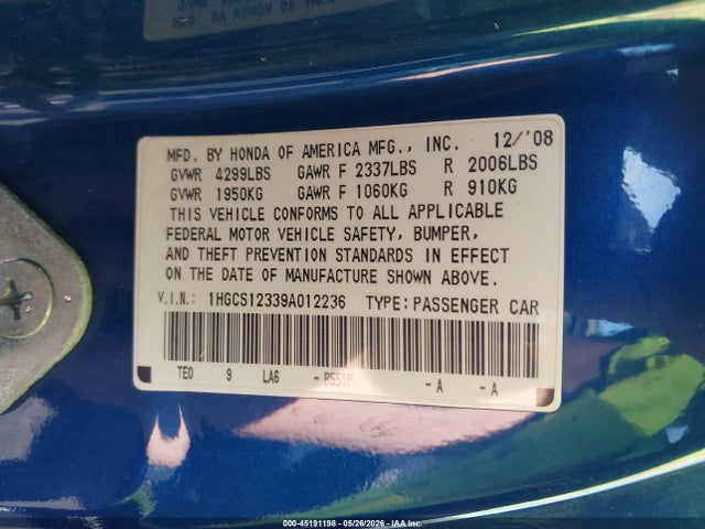 45191198 :رقم المزاد ، 1HGCS12339A012236 vin ، 2009 Honda Accord 2.4 Lx-s مزاد بيع